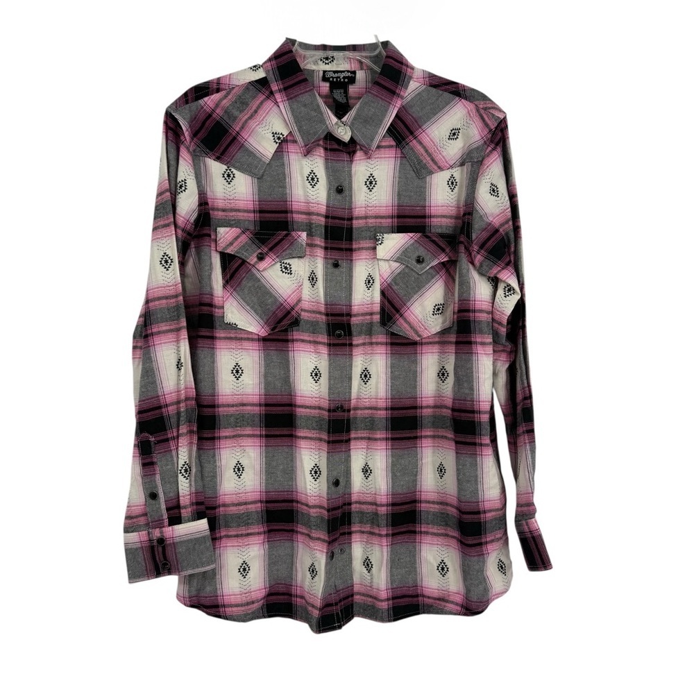 Wrangler Retro Woman Size M Pearl Snap Western Shirt Cowgirl Rodeo Plaid Pink